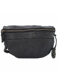 Marsupio in pelle nera con chiusura a zip, dotato di un logo dell'ancora in evidenza, una superficie texturizzata e una tracolla regolabile.