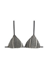 Black and white woven triangle bikini top with thin black straps and intricate vertical stripe patterns.
