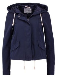 Marinblå huva jacka med dragkedja, två framfickor, justerbara dragsko och en slät tygtextur.