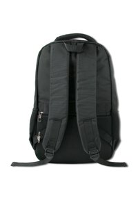 Sac à dos noir avec des bretelles en mesh rembourrées, des poches zippées et une texture de tissu lisse. Forme rectangulaire avec une poignée supérieure.