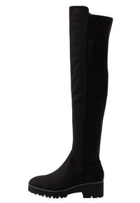 Botas negras hasta la rodilla fabricadas en un material suave similar al ante, con una suela gruesa y un diseño liso y sin costuras.
