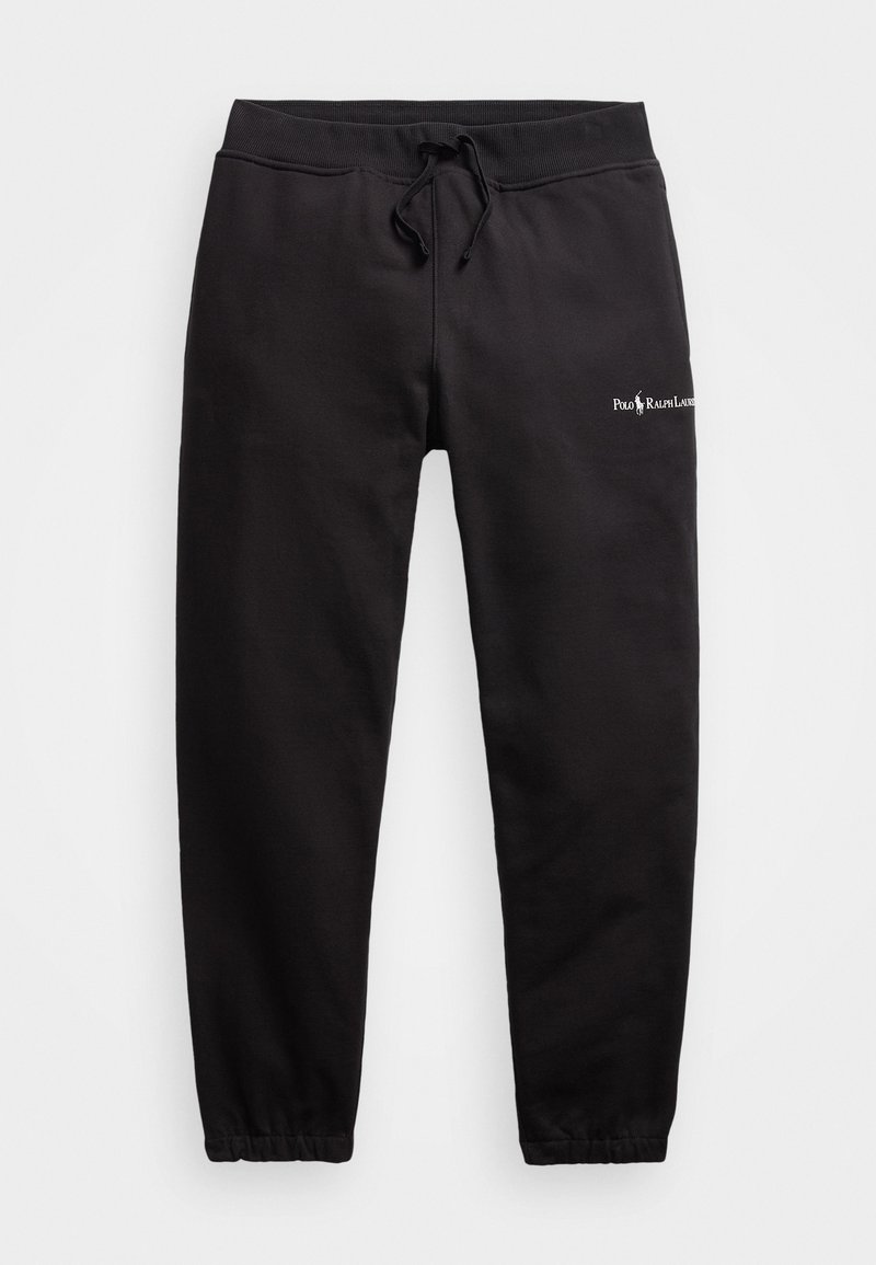 Pantalons de survêtement noirs en coton, avec une taille élastique dotée d'un cordon de serrage, une coupe fuselée et un petit logo sur le devant.
