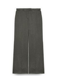 Kalhoty s širokými nohavicemi z texturované tmavě šedé látky, s plochým předním dílem, zapínáním na knoflík a dvěma předními kapsami, s čistým a upraveným vzhledem.