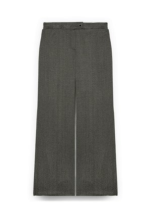 Pantaloni a gamba larga in tessuto grigio scuro testurizzato, con punto vita piatto, chiusura con bottone e due tasche anteriori, dal look pulito e sartoriale.