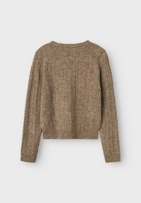 Pull en tricot marron avec un motif de câble texturé, ourlet côtelé et manches larges. Le dos présente une texture de point uniforme.