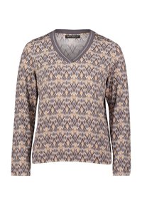 Beige and brown patterned long-sleeve pullover with a V-neck and ribbed gray trim, featuring a geometric diamond design.