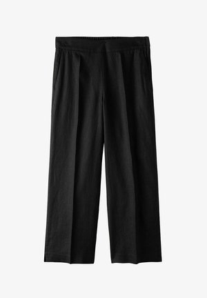 Sorte, vidde bukser lavet af et let stof, med en flad front med plissee og en elastisk talje.
