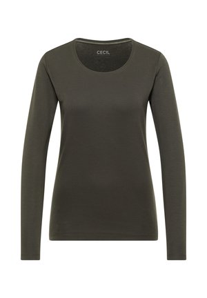 Camisa de manga larga y cuello redondo en verde oliva oscuro, hecha de tela suave. Presenta un diseño de hombro sin costuras y un ajuste relajado.