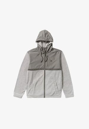 Gray hooded jacket with a zip front; features a light gray fleece lower section and a darker nylon upper section; includes drawstrings and side pockets.