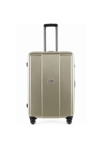 Valise rigide de couleur or métallique, avec une finition texturée, une poignée télescopique, et quatre roues pivotantes noires pour la mobilité.