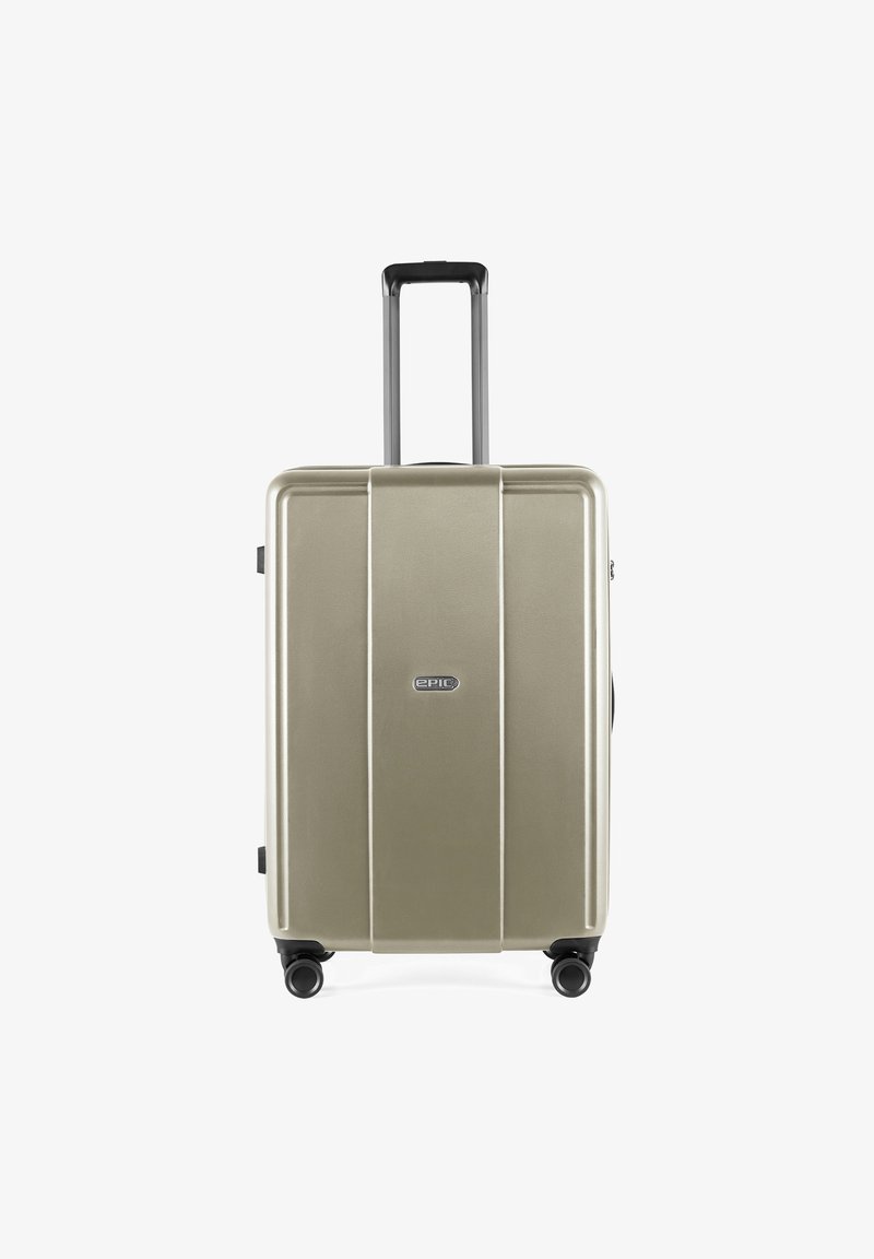 Harde koffer in metallic goud, met een gestructureerde afwerking, een telescopische handgreep en vier zwarte spinnerwielen voor wendbaarheid.