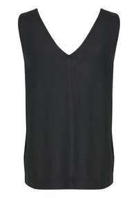 Sort, ærmeløs top med dyb V-udskæring, blød tekstur og lige kant. Enkelt design uden synlige mønstre eller detaljer.