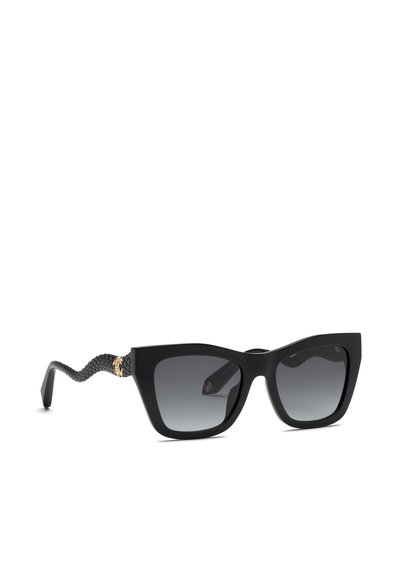 Lunettes de soleil noires œil de chat avec des verres foncés dégradés et des branches texturées avec un motif serpent, agrémentées d’un petit détail doré.