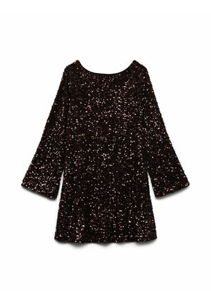 Īsām piedurknēm kleita, kas pārklāta ar tumšiem mirdzošiem izšuvumiem, ar noapaļotu kakla izgriezumu un brīvu piegriezumu. Audumam ir mirdzoša, teksturēta izskats.