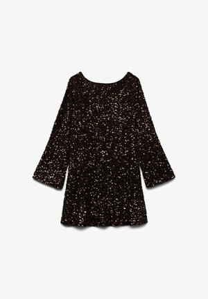 Lyhythihainen mekko, joka on peitetty tummilla paljeteilla, pyöreällä kaula-aukolla ja rento istuvuus. Kangas on kiiltävä ja tekstuuri näyttää mielenkiintoiselta.