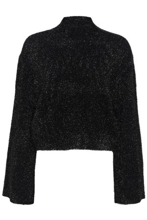 Svart, kort genser med høy hals og lange ermer. Laget av et fuzzy materiale med en lett skinnende tekstur og glitrende detaljer.