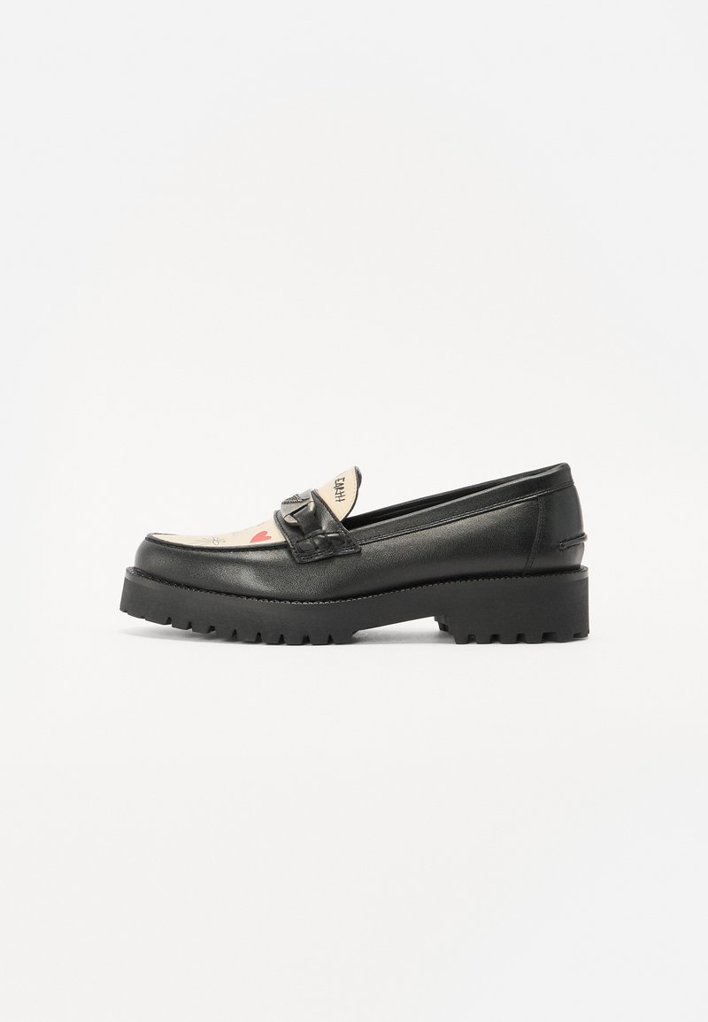 Black leather loafers with a chunky rubber sole, square toe, and decorative strap. The design features a patterned insole with hearts.