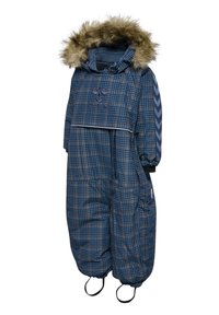 Blauer kariertes einteiliger Schneeanzug mit Pelzbesatz an der Kapuze, elastischen Bündchen und zwei Seitentaschen. Verfügt über ein gesticktes Logo auf der Vorderseite.