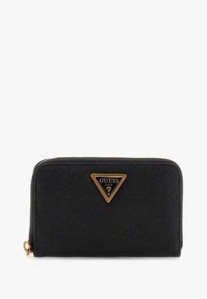 Mustat tekstuuripintaiset nahkalompakot, joissa on kultainen kolmion logo, vetoketjukiinnitys ja kontrastiset kultaiset yksityiskohdat. Kompakti suorakaiteen muotoinen.