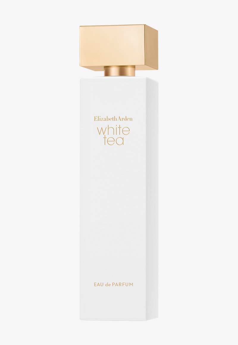 Wysoka, biała, prostokątna butelka perfum ze złotą kwadratową nakrętką, oznaczona napisem Elizabeth Arden White Tea Eau de Parfum złotymi literami.