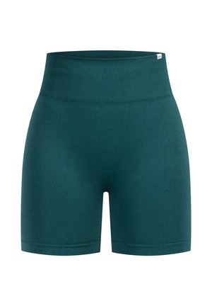 Teal højtaljede shorts lavet af glat, strækbart stof. Har en ribbet talje og rene linjer, uden synlige mønstre eller hardware.