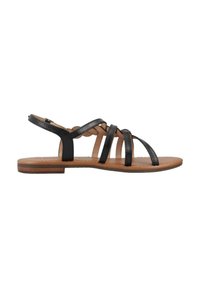 Sandal nera con cinturini e suola piatta, dotata di una soletta beige texturizzata e chiusura con fibbia posteriore. Design semplice intrecciato sulla parte superiore del piede.