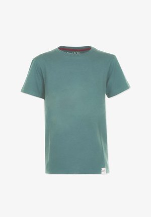 Grünes Baumwoll-T-Shirt mit rundem Halsausschnitt, kurzen Ärmeln und einem kleinen Logo-Tag an der unteren Seite. Glatte Textur und klassischer Schnitt.