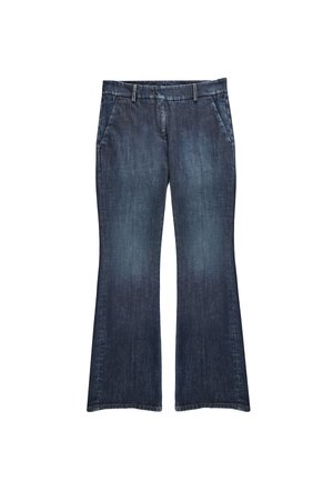 Jean évasé bleu foncé en denim, avec un dégradé naturel, cinq poches et une taille standard avec passants de ceinture.