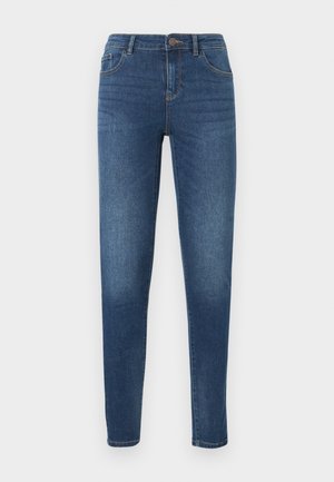 Zilas plāns piegriezums džinsi ar klasisku piecu kabatu dizainu, redzamu šuvju apdari un pogu aizdari jostasvietā.