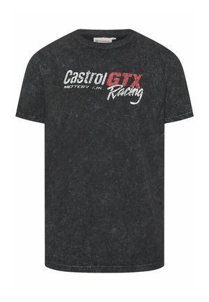 Maglietta nera a maniche corte con trama sbiadita, con logo bianco e rosso "Castrol GTX Motor Oil Racing" sul petto.