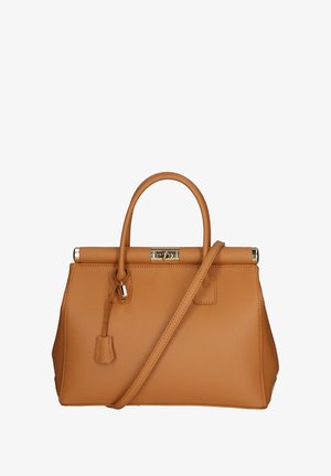 Tan leren handtas met gestructureerde vorm, dubbele handvatten en een afneembare schouderriem. Is voorzien van een vergulde sluiting en een textuur oppervlak.