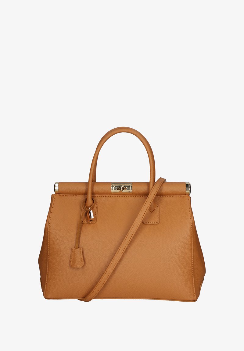 Tan leren handtas met gestructureerde vorm, dubbele handvatten en een afneembare schouderriem. Is voorzien van een vergulde sluiting en een textuur oppervlak.