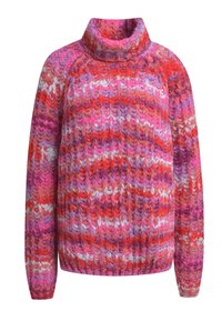 Gemusterter Strickrollkragenpullover mit mehrfarbigen Tönen in Pink, Rot und Lila. Textilstruktur mit gerippten Bündchen und Saum.