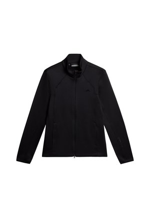 Black zip-up jacket with a high collar, long sleeves, and textured material. Features side pockets and a logo on the chest.