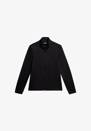 Veste zippée noire avec un col haut, des manches longues et un matériau texturé. Comprend des poches latérales et un logo sur la poitrine.