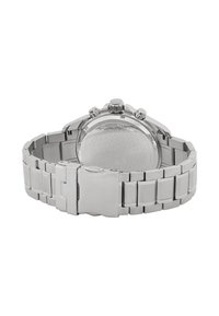 Sudraba nerūsējošā tērauda hronogrāfa pulksteņi ar matētu un pulētu rokassprādzi, apaļu korpusu un vairākiem pogām laika regulēšanai.