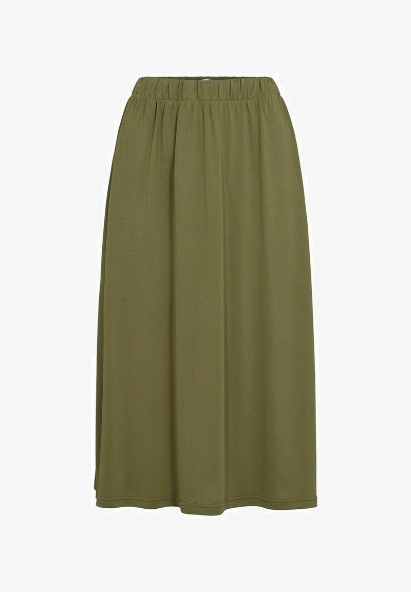 Gonna verde oliva, leggera e lunga fino al ginocchio, realizzata in un tessuto morbido con una vita elasticizzata e pieghe morbide per un fit rilassato. Senza motivi o dettagli visibili.