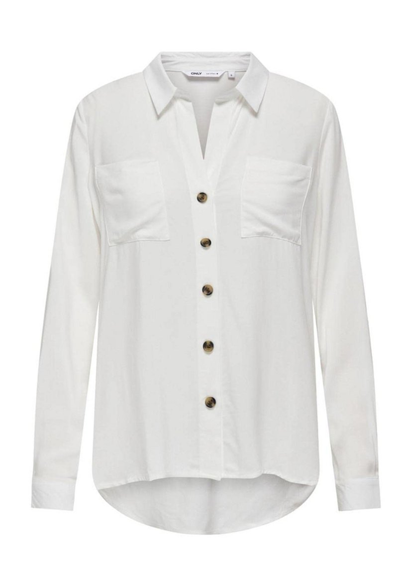 Chemise blanche à manches longues avec boutonnage à l'avant, deux poches sur la poitrine et un ourlet arrondi. Présente des détails en bouton marron et un col.