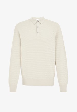 Maglione polo a maniche lunghe beige chiaro in tessuto lavorato a maglia con colletto e chiusura a tre bottoni. Polsini e orlo a coste.