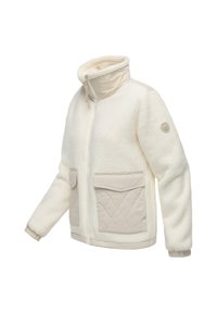 Giacca in fleece di colore crema con colletto alto, tasche anteriori trapuntate, chiusura con zip, polsini elastici e patch con logo sulla manica.