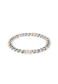 Bracciale a catena in argento e oro rosa con anelli intrecciati, caratterizzato da una texture lucida e una chiusura piatta con logo al centro.