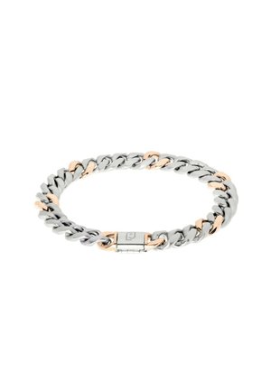 Bracciale a catena in argento e oro rosa con anelli intrecciati, caratterizzato da una texture lucida e una chiusura piatta con logo al centro.
