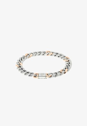 Bracciale a catena in argento e oro rosa con anelli intrecciati, caratterizzato da una texture lucida e una chiusura piatta con logo al centro.