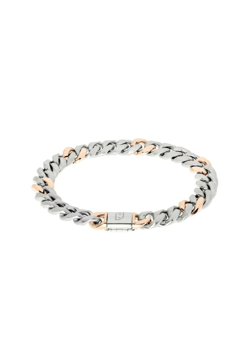 Bracciale a catena in argento e oro rosa con anelli intrecciati, caratterizzato da una texture lucida e una chiusura piatta con logo al centro.