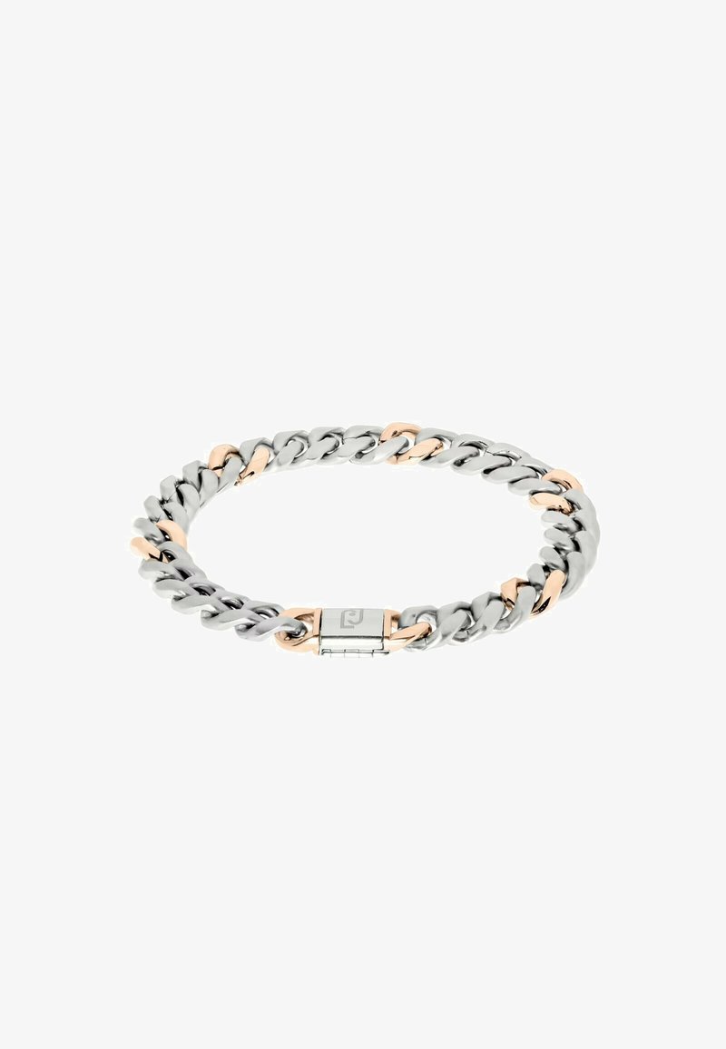 Bracciale a catena in argento e oro rosa con anelli intrecciati, caratterizzato da una texture lucida e una chiusura piatta con logo al centro.