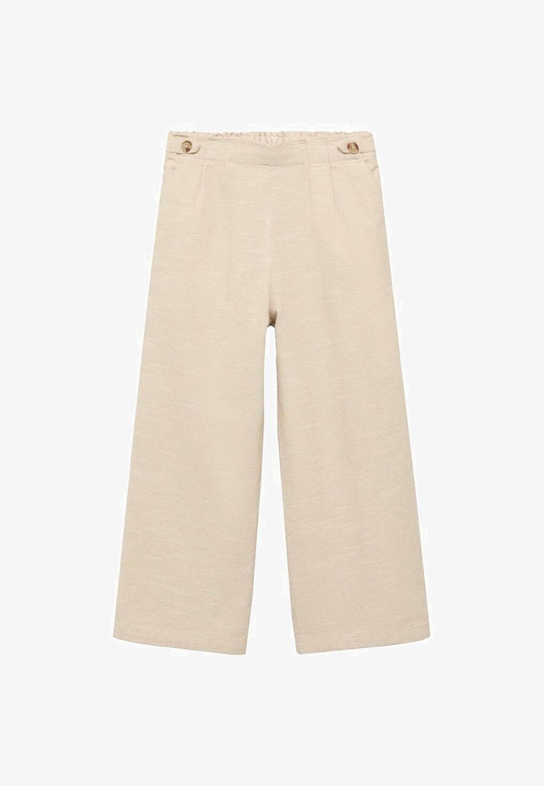 Pantaloni larghi beige realizzati in tessuto testurizzato, con una vestibilità rilassata, dotati di una vita con cordoncino e due pulsanti decorativi sulla parte anteriore.