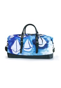 Reisetasche mit einem blauen Aquarelldesign, das weiße Umrisse von Segelbooten zeigt. Hergestellt aus strapazierfähigem Material mit dunkelgrünen Akzenten und Griffen.
