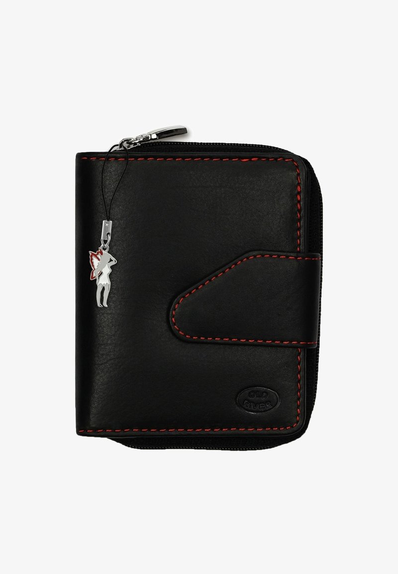 Black leather wallet with red stitching, rectangular shape, zip closure, and a silver charm attached. Features a snap closure and logo detail.