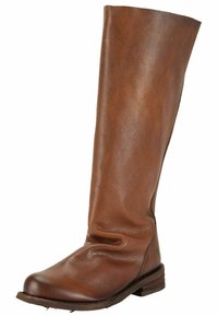 Bruine leren kniehoge laars met een afgeronde neus en lichte kreukels boven de enkel, platte zool met zichtbare stiknaden.