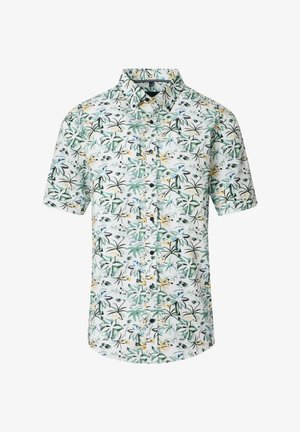 Kurzärmliges Hemd mit Knopfverschluss, das einen weißen Hintergrund mit einem bunten Blumen- und Blättermuster in grünen, blauen und gelben Farbtönen zeigt.
